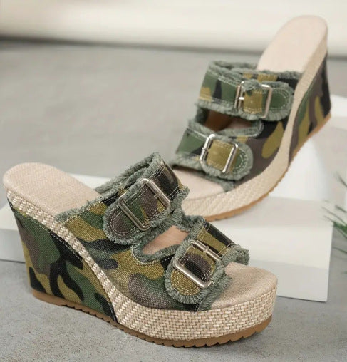 Lana – Ademend denim plateau sandalen met 10 cm hak