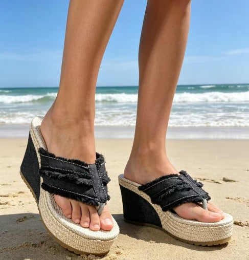 Lana – Ademend denim plateau sandalen met 10 cm hak