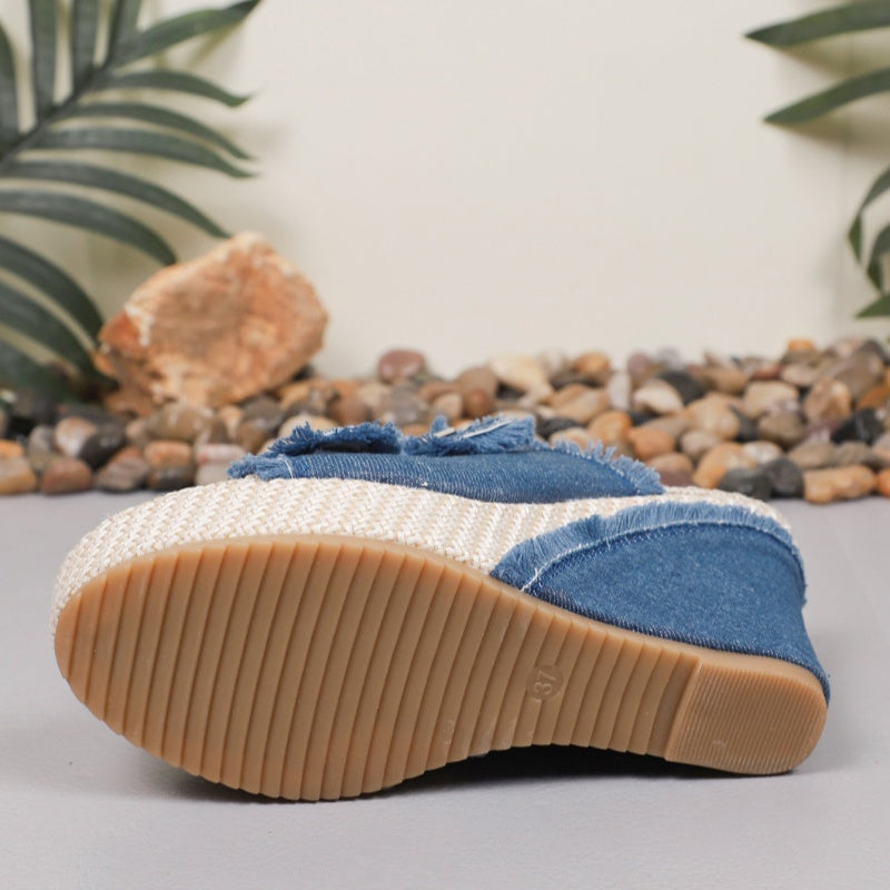 Lana – Ademend denim plateau sandalen met 10 cm hak