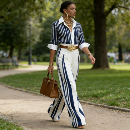 Ava – Slim Fit Dames Tweedelig Set met Verticale Strepen