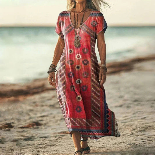 Bedrukte jurk met korte mouwen en lange V-hals voor dames