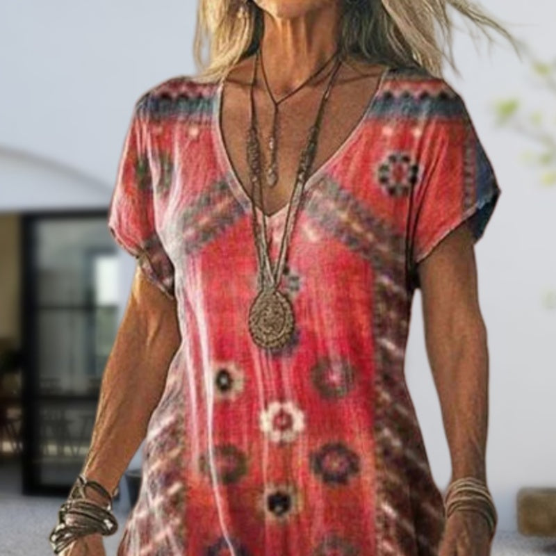 Bedrukte jurk met korte mouwen en lange V-hals voor dames