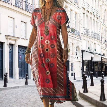 Bedrukte jurk met korte mouwen en lange V-hals voor dames