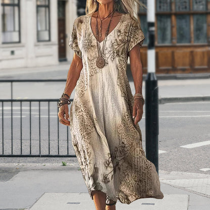 Bedrukte jurk met korte mouwen en lange V-hals voor dames