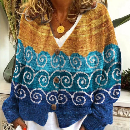 Knittella – Gebreid damesvest met print en knoopsluiting